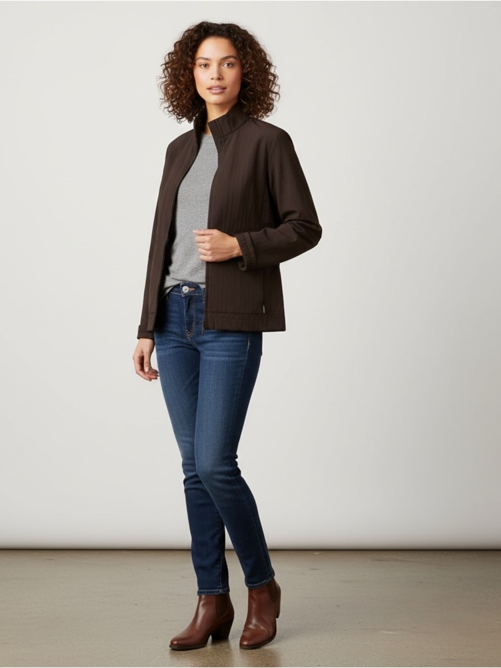 Eileen Fisher Textured Zip up Jacket in earthy brown tone